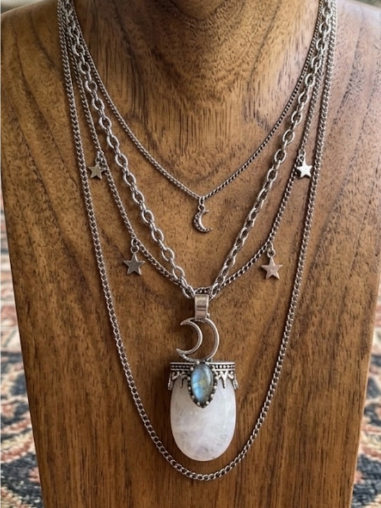 Artisan Jewelry - Silver-Tone Moonstone Layered Pendant Necklace - Moon & Star Design